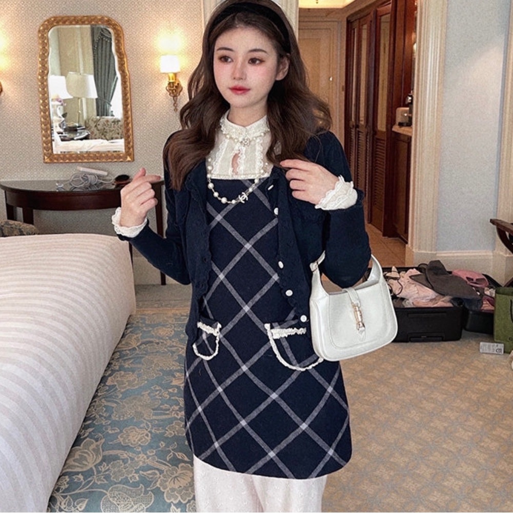 Japanese Kawaii Gyaru Cottagecore Farmhouse Navy Blue Plaid Wool Lace Mini Dress